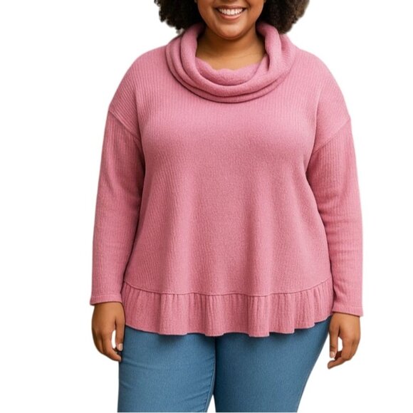 Terra & Sky Tops - Terra & Sky Pink Cowl Neck Sweater Ruffle Hem Knit Pullover Top Plus Size 3X